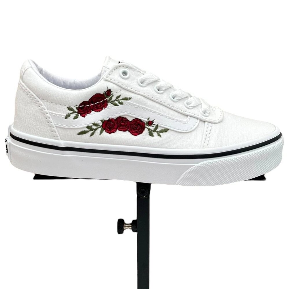 Vans Little Girl's Canvas Casual Shoes Size 12 White-Red Rose Embroidery Lace up
